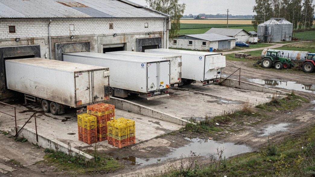 Zakład przetwórstwa drobiowego w Polsce – rampa załadunkowa z chłodniami i skrzynkami transportowymi
