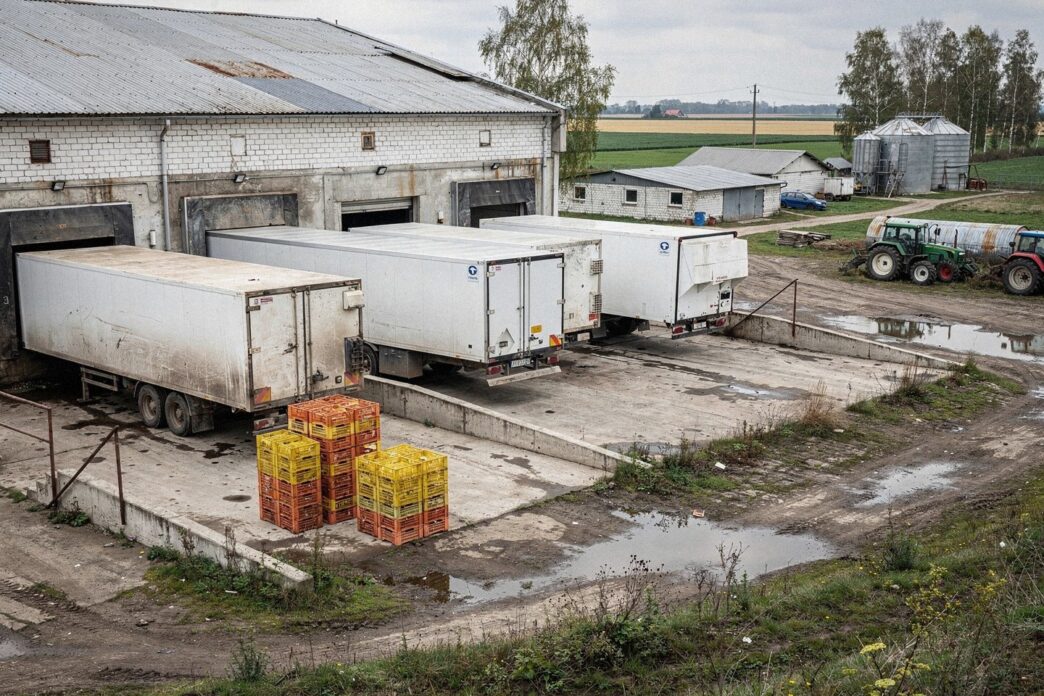 Zakład przetwórstwa drobiowego w Polsce – rampa załadunkowa z chłodniami i skrzynkami transportowymi