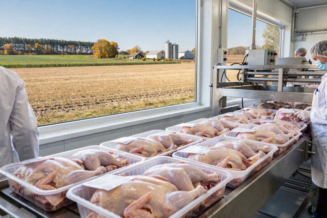 Pakowane mięso drobiowe na linii produkcyjnej w polskim zakładzie drobiarskim