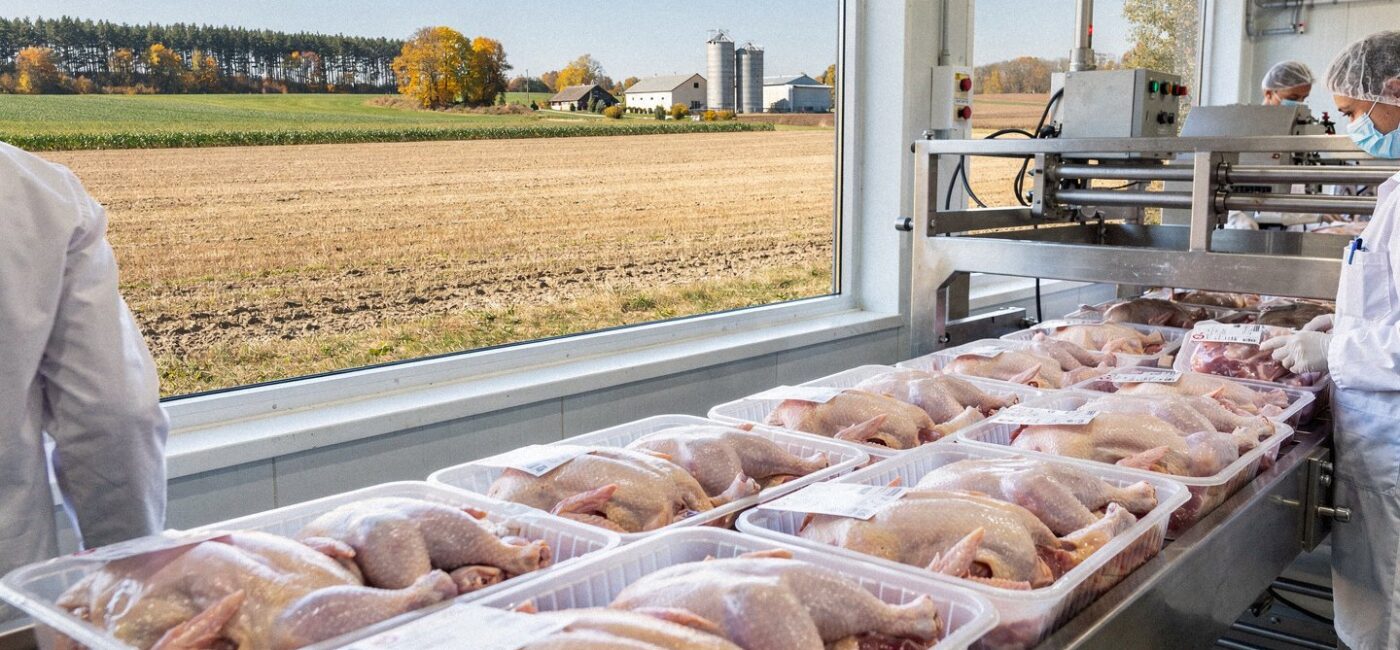 Pakowane mięso drobiowe na linii produkcyjnej w polskim zakładzie drobiarskim